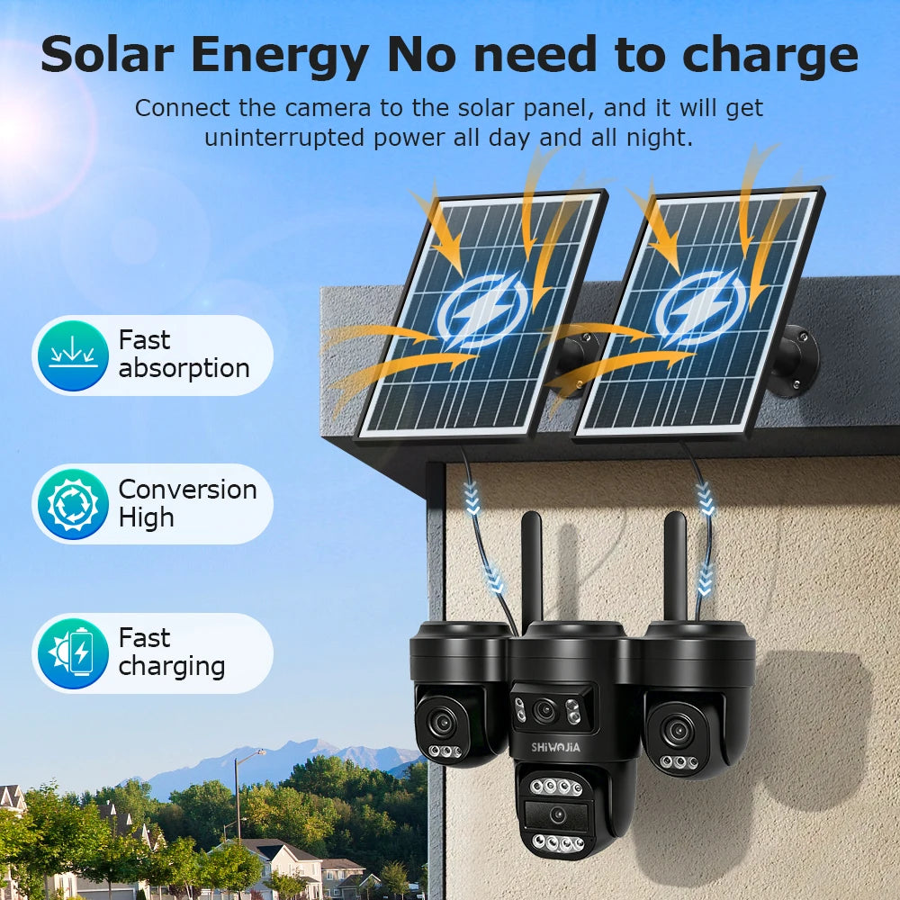 SHIWOJIA AOV Solar Security Camera WIFI 4G SIM Four Lens AI Human Auto Tracking Outdoor CCTV Camera 24/7 Recording