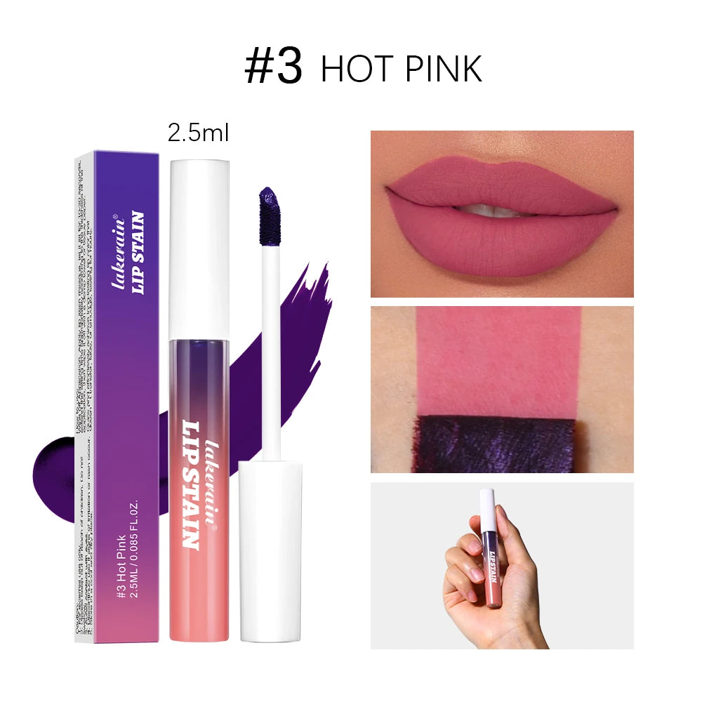 Lakerain Hot Pink peel-off lip stain, long-lasting matte waterproof liquid lipstick with applicator and color swatch.