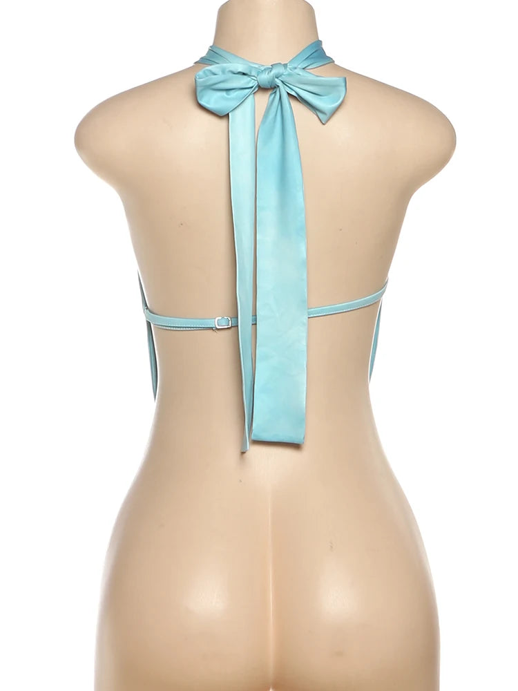 Whatiwear Metal Seashell Decoration Tank Tops Women Bandage Halter Swing Collar Backless Summer Holiday Beach Style Ruched Vests