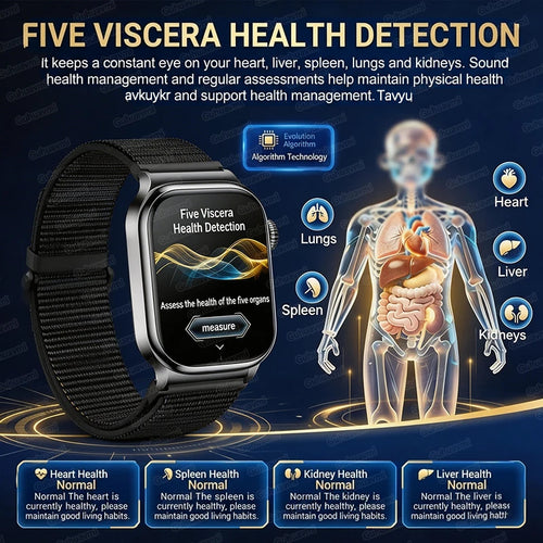 Black smartwatch with textured mesh band and color health display.
