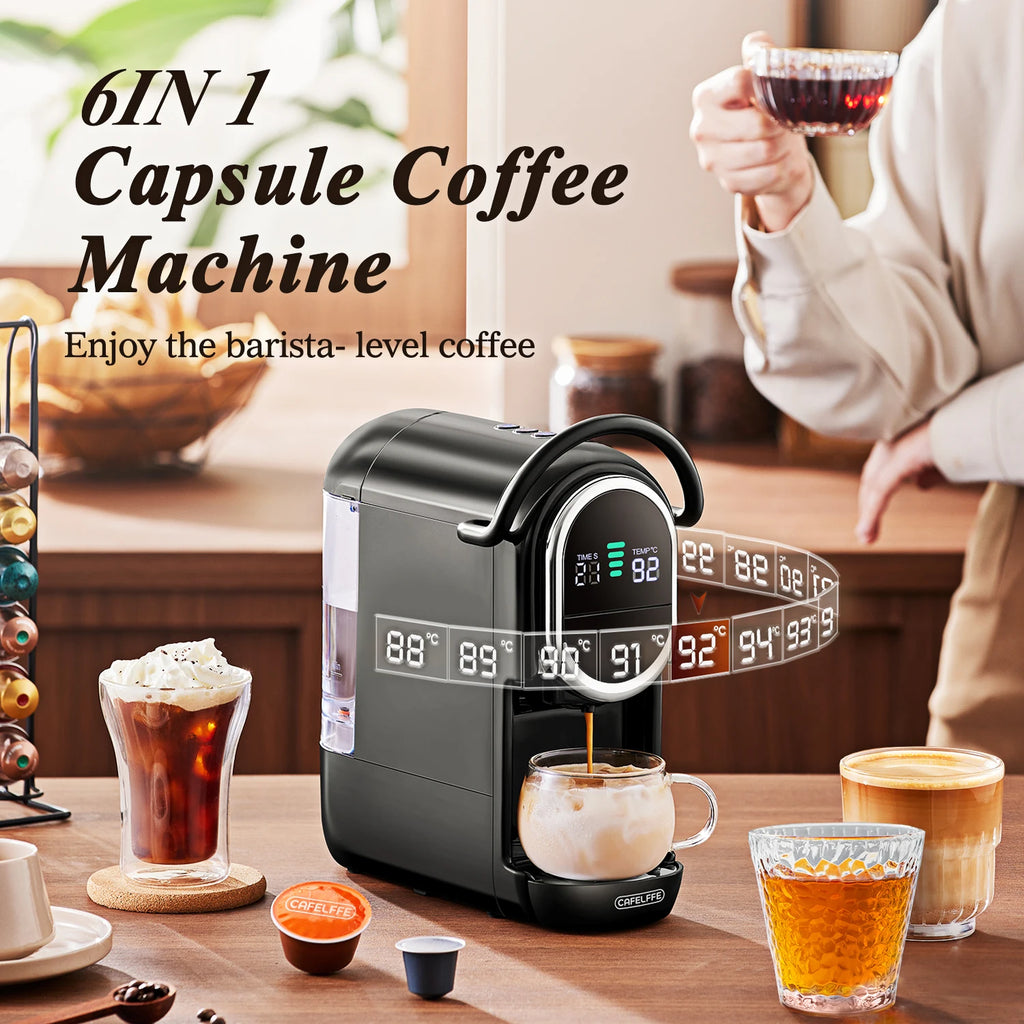 Cafelffe 6-in-1 black capsule coffee machine with digital temperature display and glass coffee cup on a wood table.