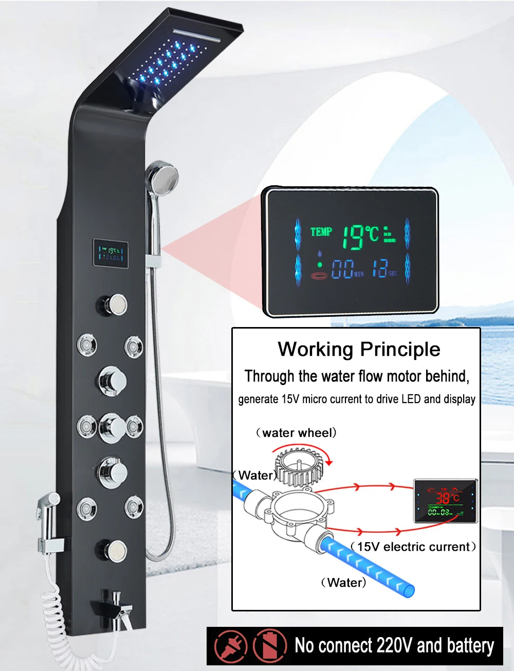LED Light Shower Faucet Bathroom SPA Massage Jet Shower Column System Waterfall Rain Shower Panel Bidet Sprayer Tap
