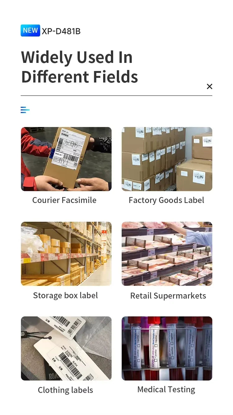 Industrial barcode label printer for courier, factory, storage box, and retail labels