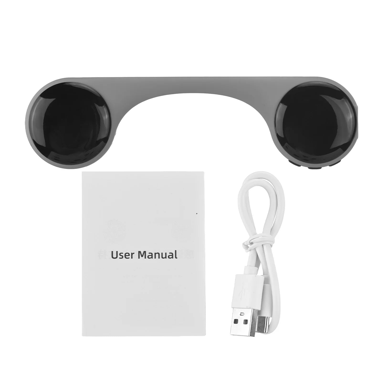 Gray sleep aid white noise machine with circular side buttons and USB cable for better sleep.