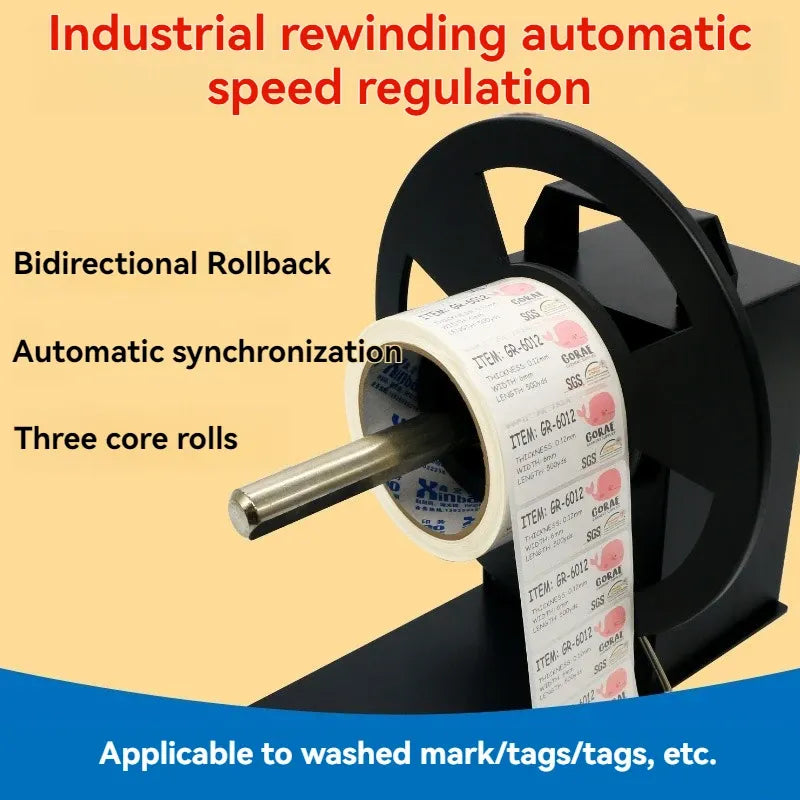 Automatic barcode label rewinder with dual rotating rollers and white label roll on spindle