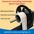Automatic barcode label rewinder with dual rotating rollers and white label roll on spindle
