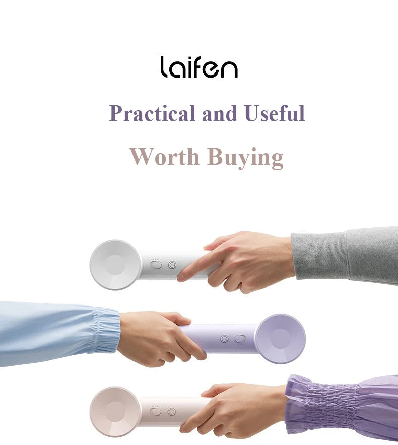 Laifen high-speed hair dryer in white, purple, and pink. Lightweight 345g quick-drying, quiet ionic styling tool.