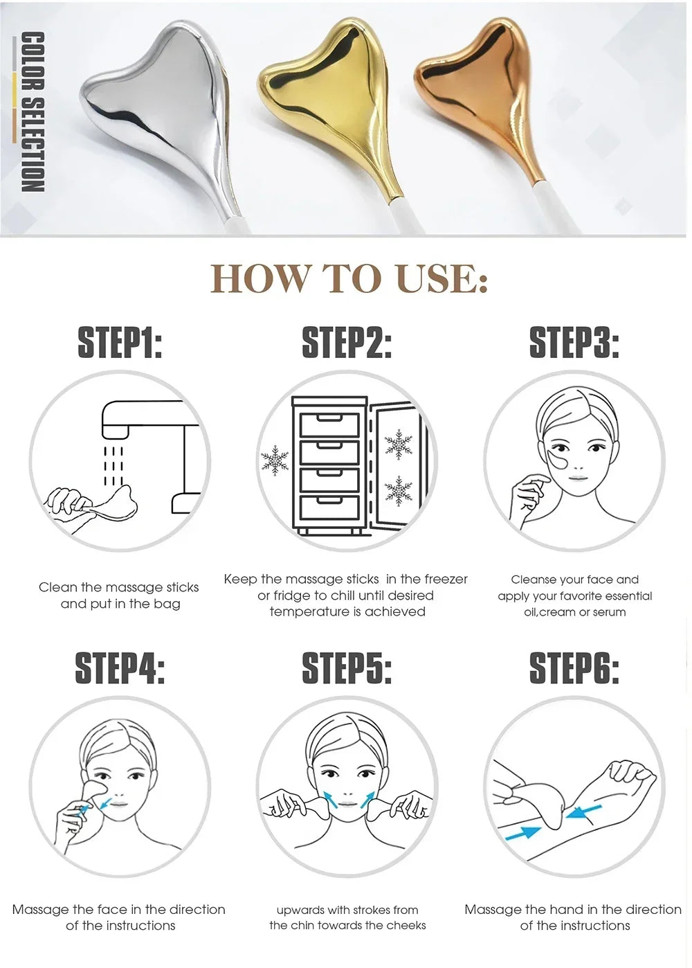 Three heart-shaped metal cryo sticks in silver, gold, and rose gold, followed by six step-by-step facial massage guide.