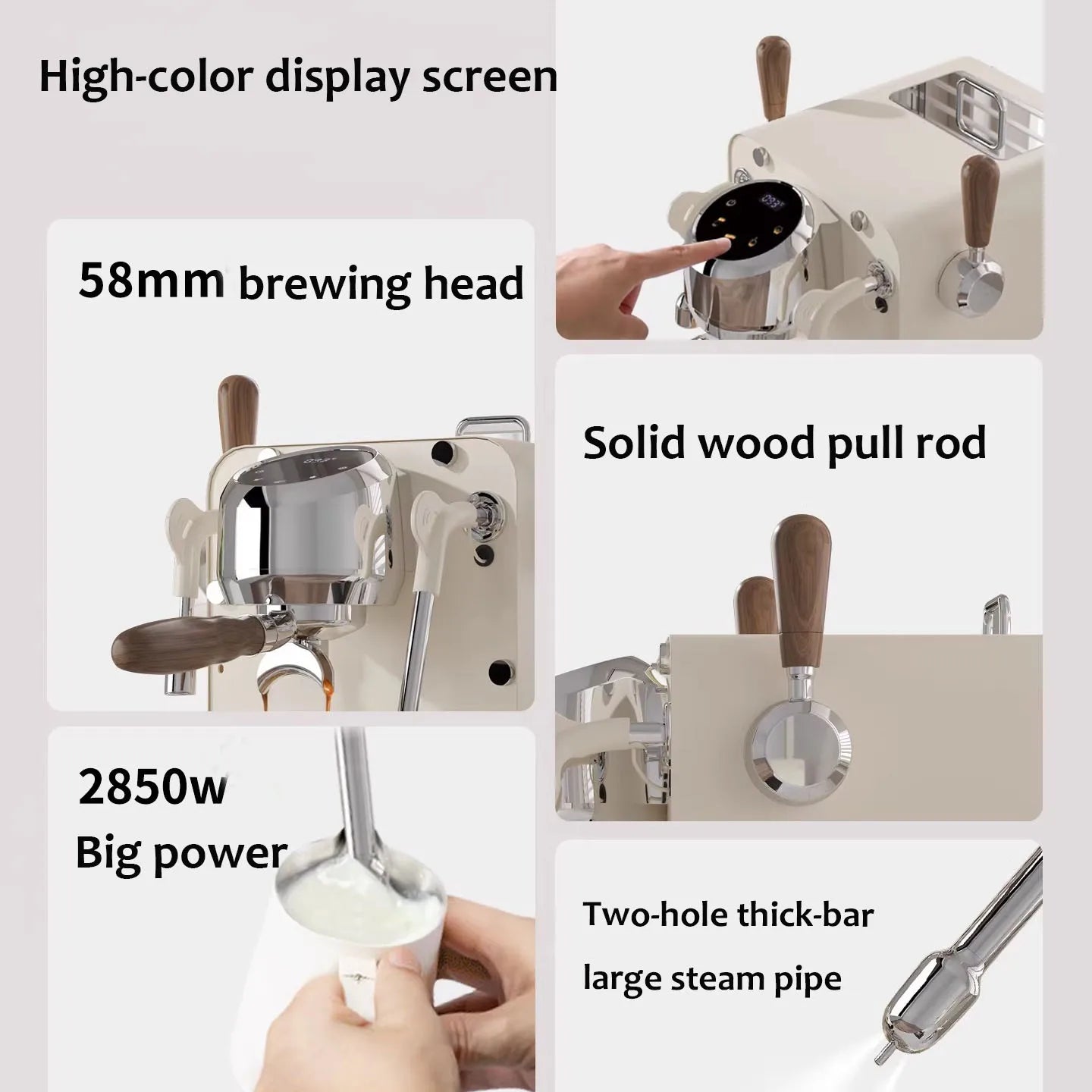 Cream-colored 2850W espresso machine with 58mm brewing head, digital display, and elegant solid wood handle pull rods.