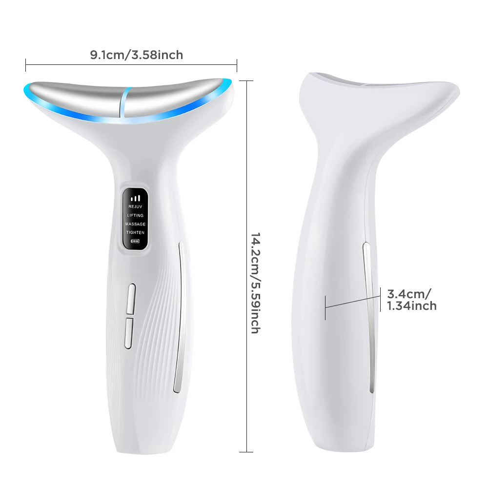 White ergonomic EMS face and neck massager with silver curved head, LED light, and dimension labels.