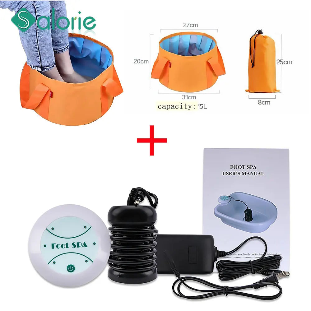 Portable ionic detox foot spa machine with foldable 15L basin, electric massage array, power supply, and user manual.