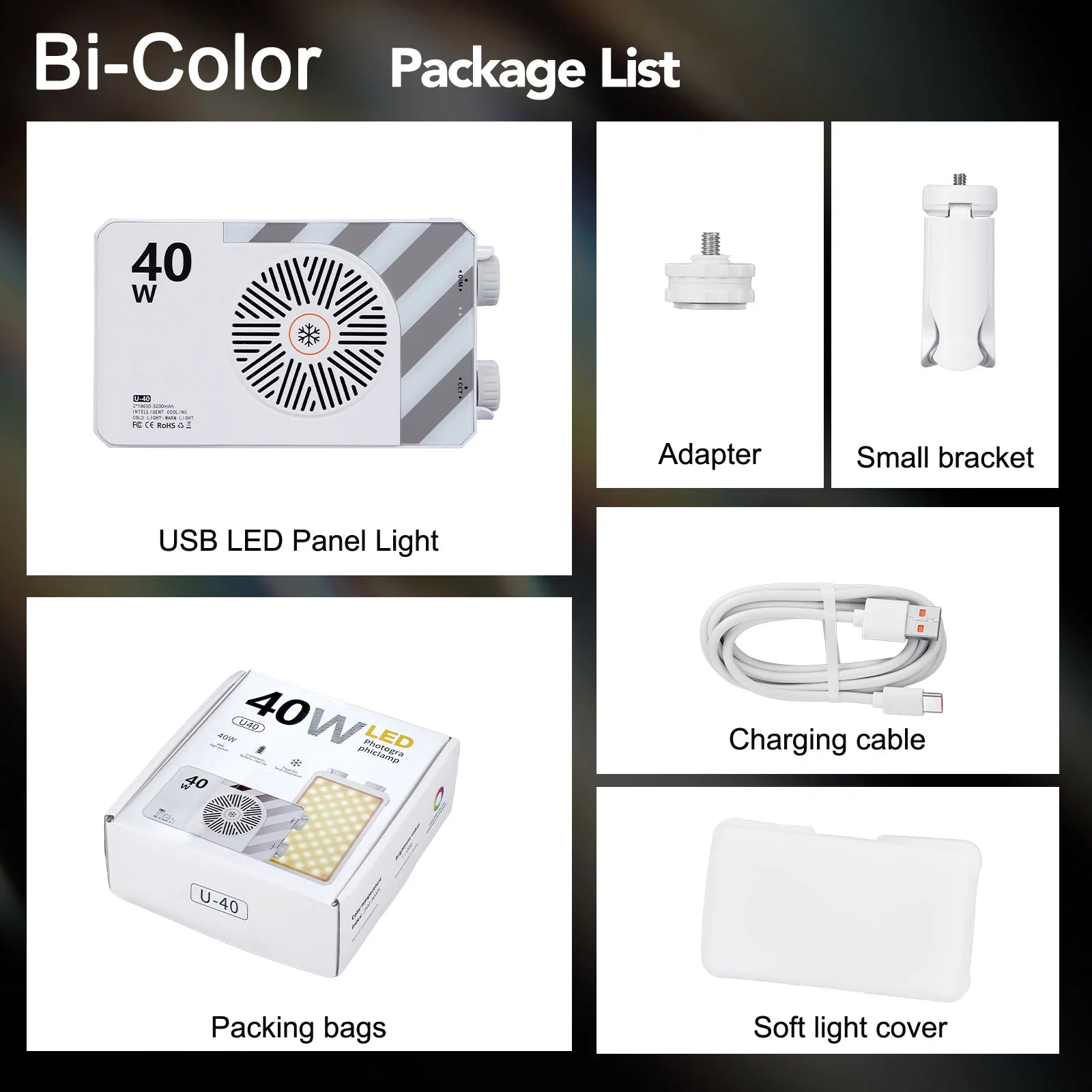 40W bi-color USB LED panel light kit with adapter, tripod bracket, charging cable, and soft light cover.