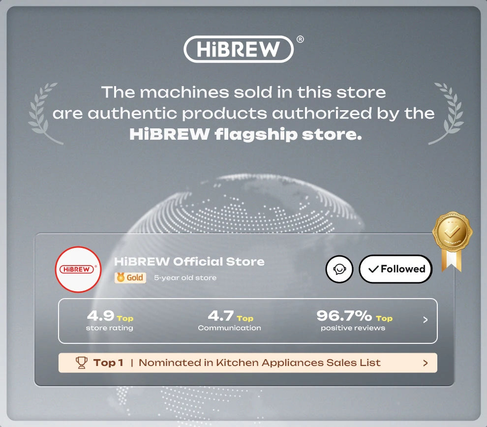 HiBREW official flagship store badge showing high ratings and top 1 ranking for coffee machine kitchen appliances.