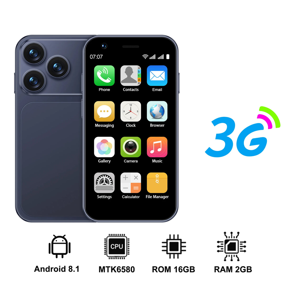 Navy smartphone with dual rear cameras, Android app screen with 3G branding