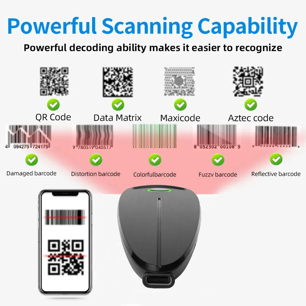 Black handheld barcode scanner for scanning QR and various 1D/2D codes