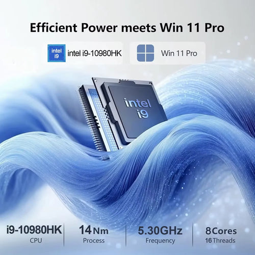 Promotional graphic featuring an Intel Core i9-10980HK processor chip against a blue, abstract wavy background.