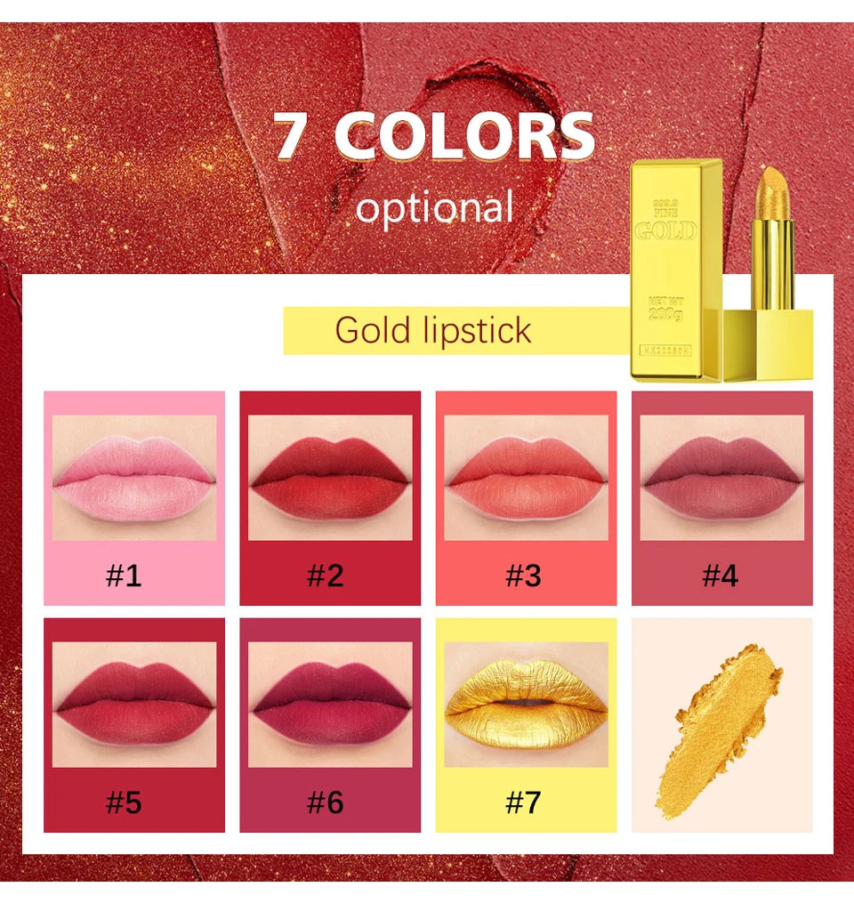 7-color shimmer lipstick set in gold brick tube, featuring long-lasting waterproof glitter and matte lip makeup shades.