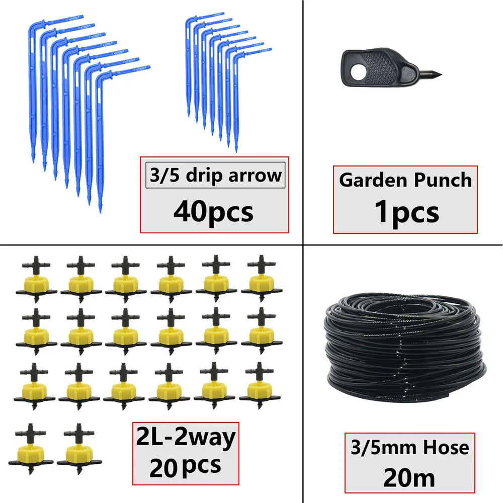 Greenhouse Potted Curved Arrow Dropper Micro Drip System 2L4L8L Pressure Compensation Dripper 3/5mm 2/4-way Irrigation Kit
