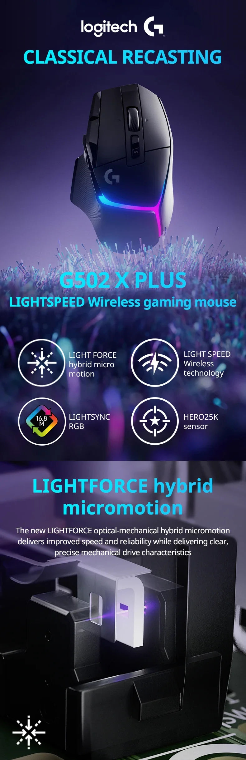 Logitech G502 X Plus Wireless Gaming Mouse - LIGHTSPEED Optical, LIGHTFORCE Switches, LIGHTSYNC RGB, HERO 25K Sensor for PC/Mac