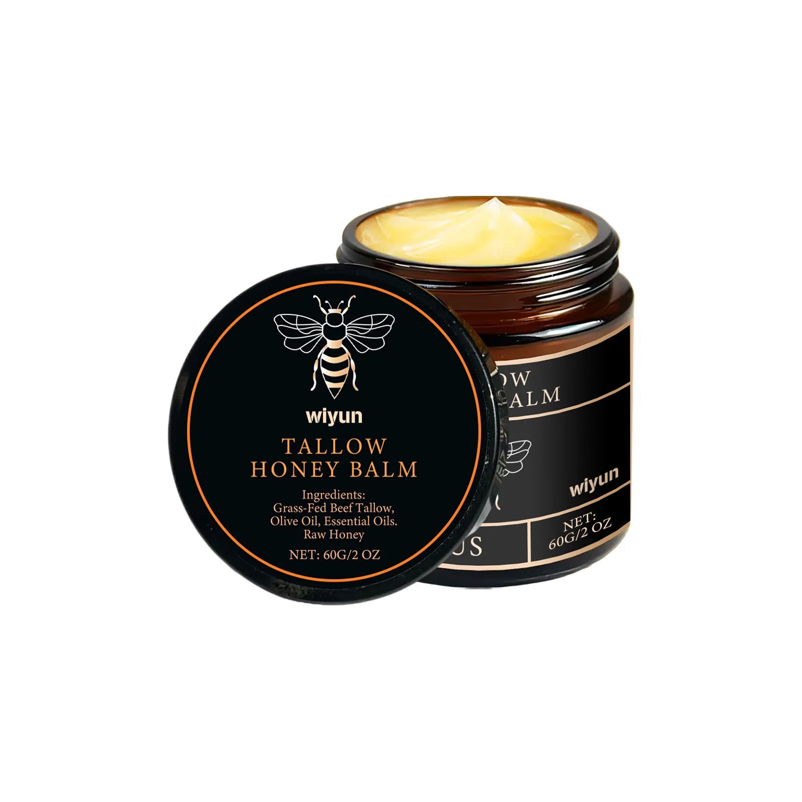 Tallow honey balm jars set with round lid and golden balm surface on a white background.