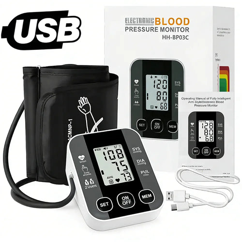 Black and white arm blood pressure monitor with digital display and USB cable for easy health tracking.