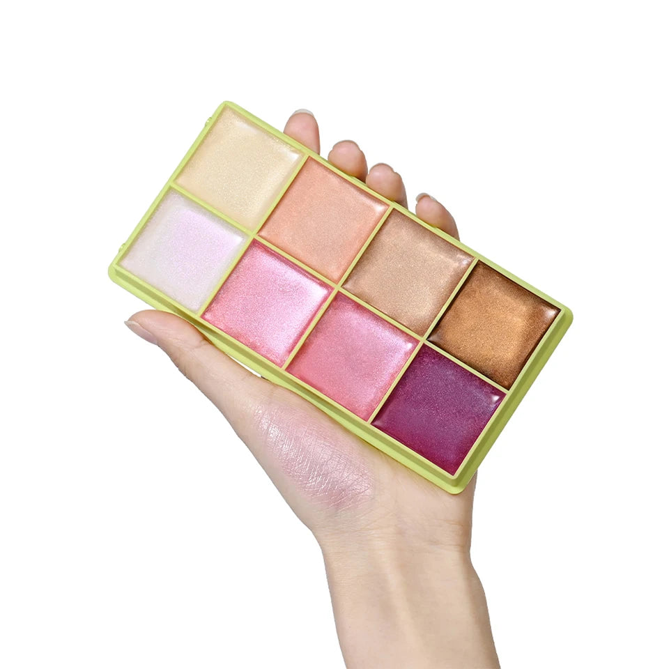 Tidesmit 8 color cream highlighter palette texture close-up for face makeup highlighting and shimmer blush