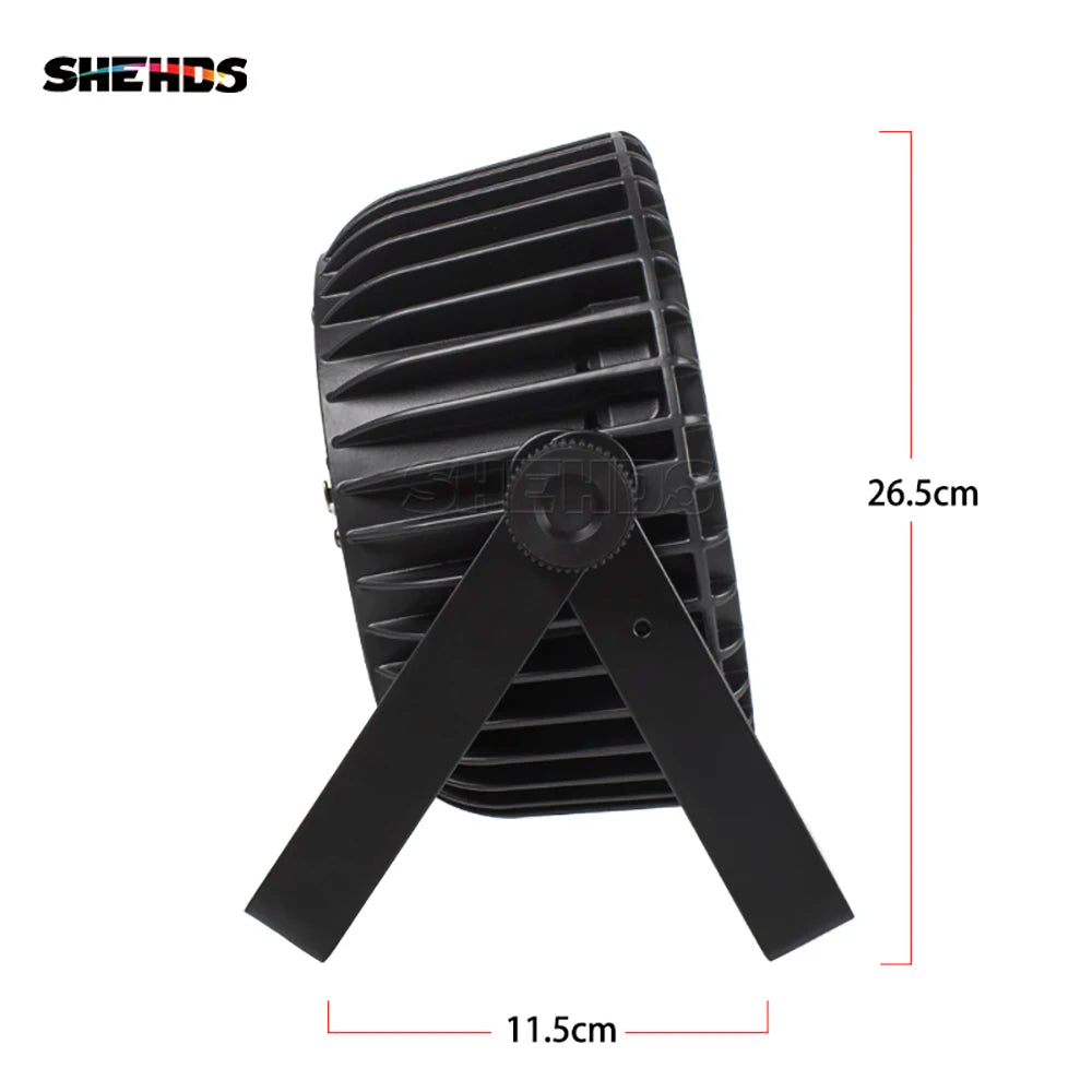 Side view of black LED flat par stage light with finned heat sink and angled feet