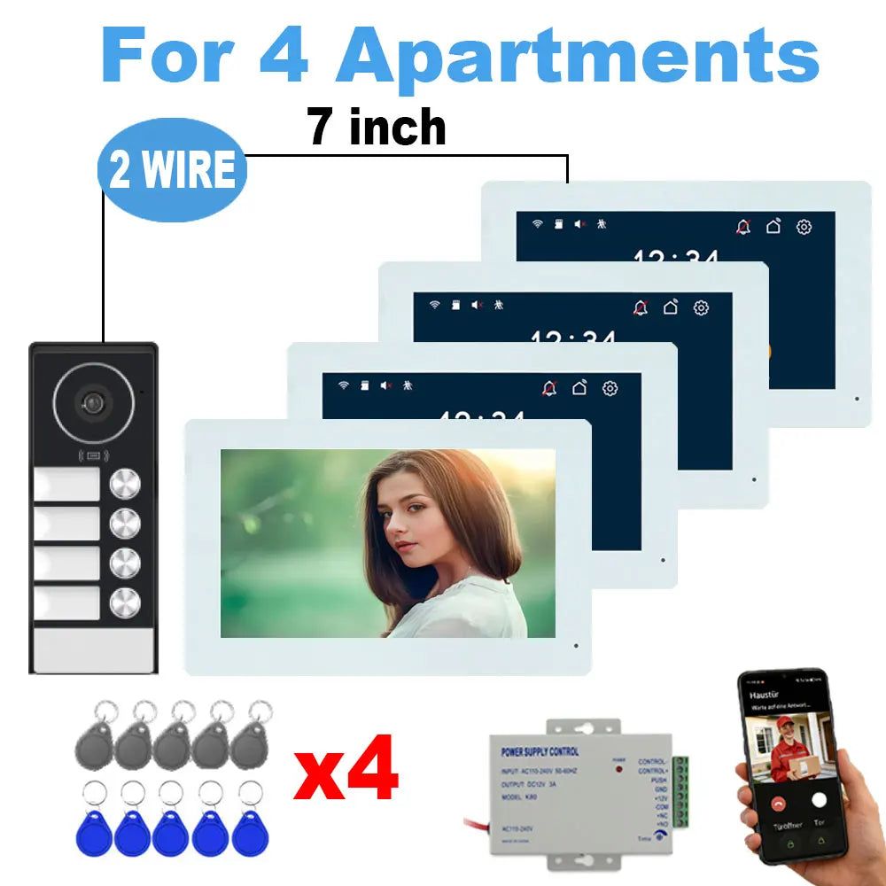 7" Touch Monitor Tuya WIFI Video Building Intercom System 2 Wire Cable Port 2-4 Units Apartment Video Door Phone Doorbell Kits