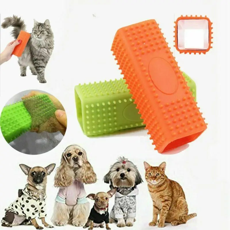 Orange and green silicone pet hair removal brush for dogs and cats. Effective hollow grooming tool for shedding fur.