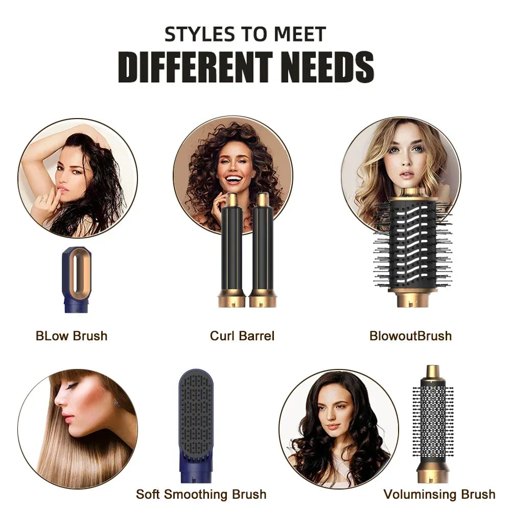 6-in-1 professional hair dryer brush set with gold and black attachments for curling, straightening, and volumizing.