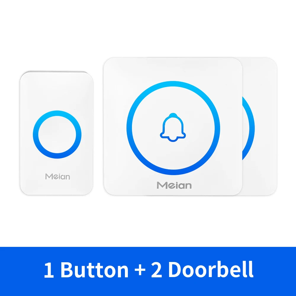 White wireless doorbell button and receiver set with blue LED bell ring, 2 bells