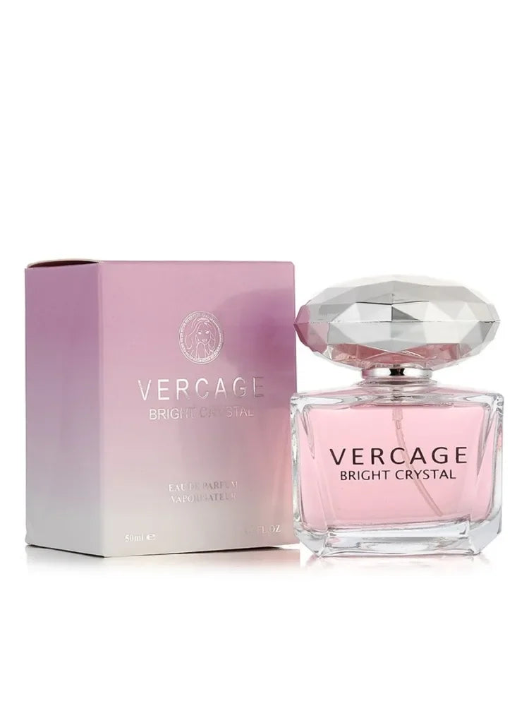 Vercage Bright Crystal 50ml perfume for women in a pink glass bottle with a crystal cap and matching ombre box.