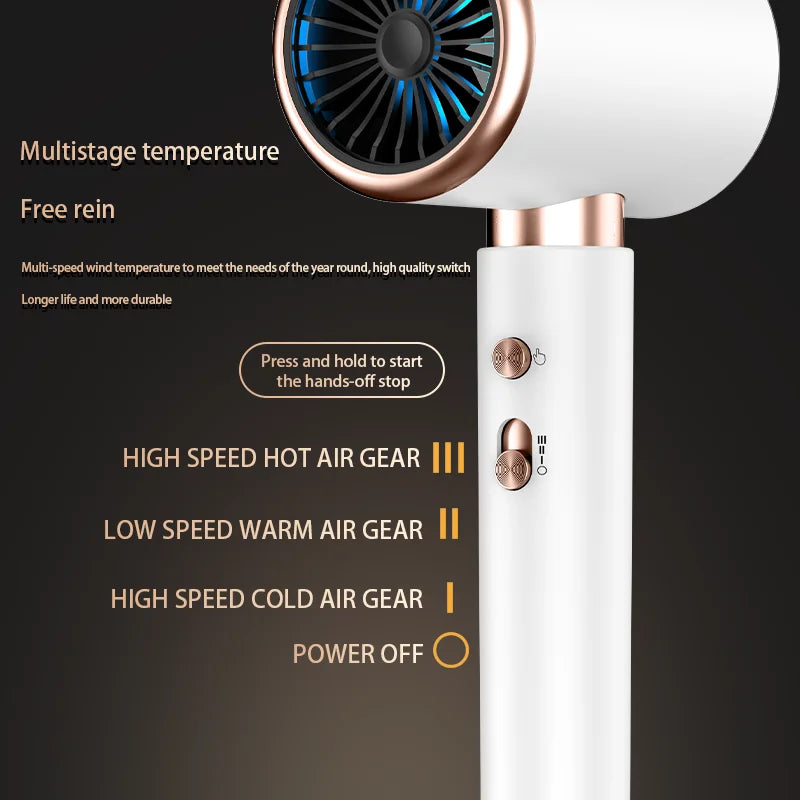 HOMEFISH white & gold hair dryer with multi-speed hot/cold air settings and touch-sensor button for hotel use.