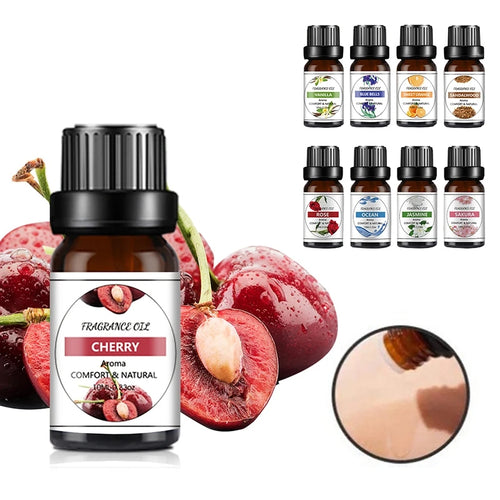 Cherry fragrance essential oil in amber bottle for aromatherapy and home wellness scent diffuser collection.