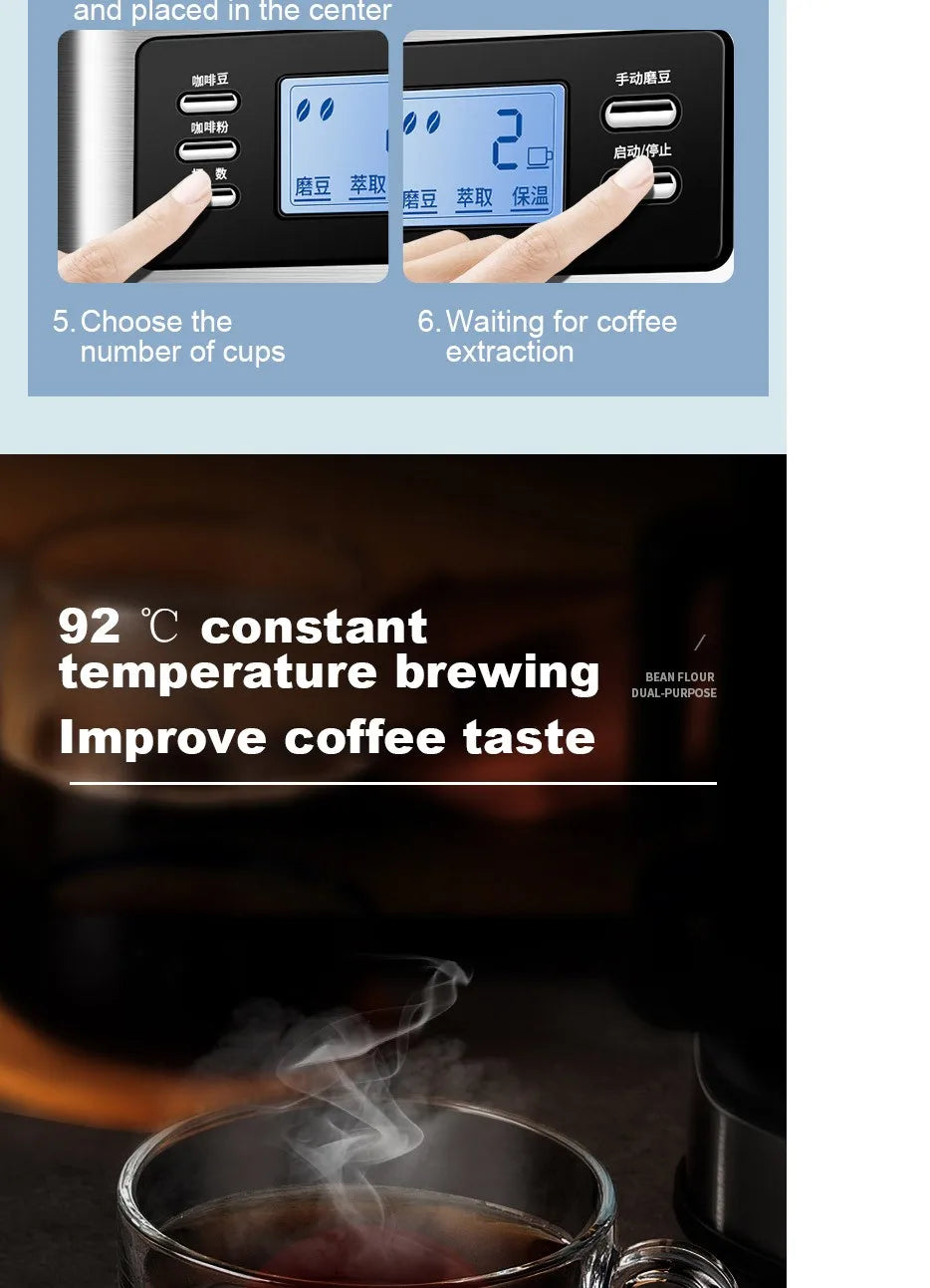 Digital coffee maker with LCD control panel, stainless steel design, bean-to-cup brewing, and 92°C constant heat.