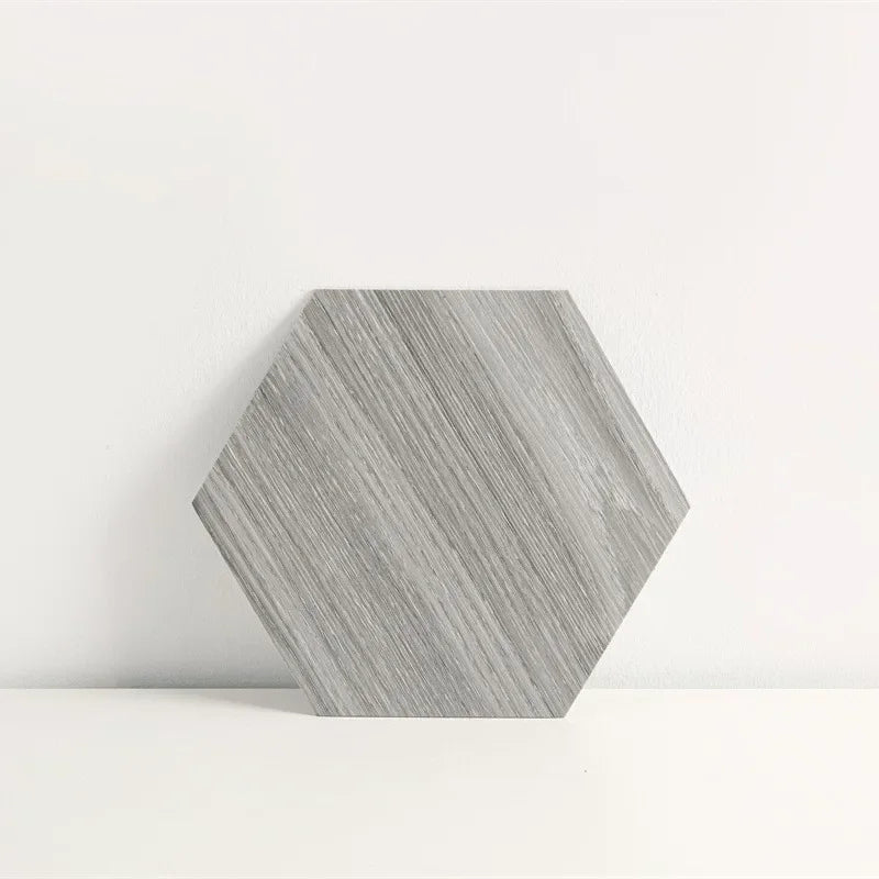 Hexagon wood-grain vinyl peel-and-stick floor tile, light gray with fine striations