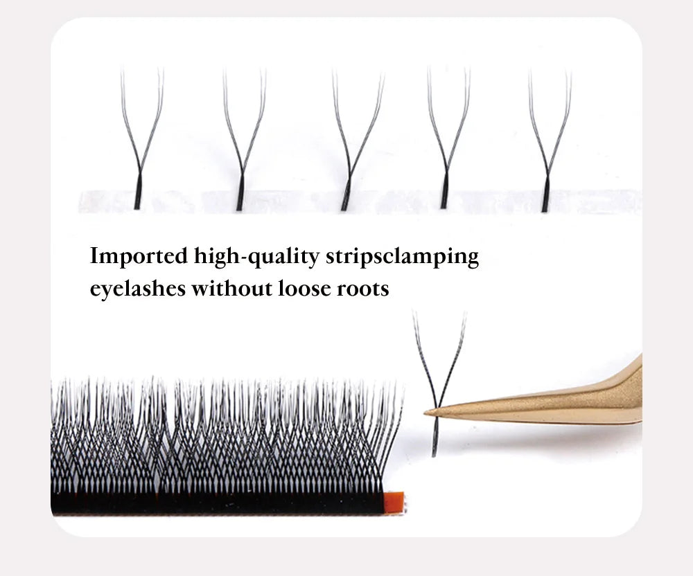 Black YY-style eyelash extensions on a strip, with tweezers holding a single Y-shaped lash cluster.