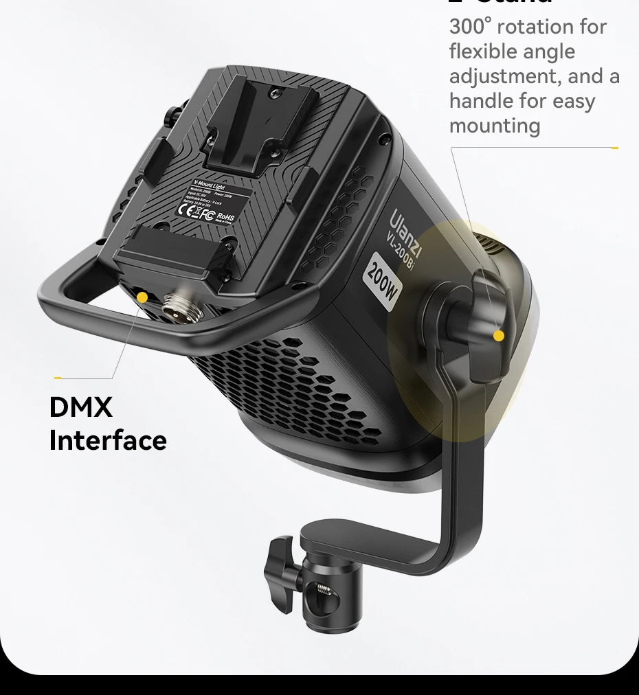 Black 200W LED studio light with V-mount battery plate, DMX interface, and rotating U-bracket mount.