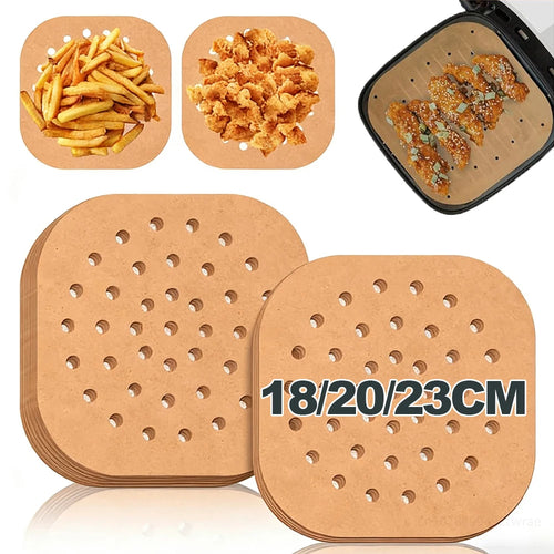 Perforated round air-fryer parchment liners, stacked, 18/20/23 cm