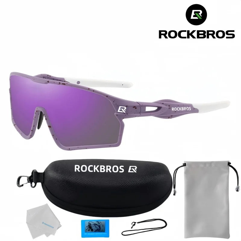 Purple sports sunglasses with photochromic lens, plus black case and pouch