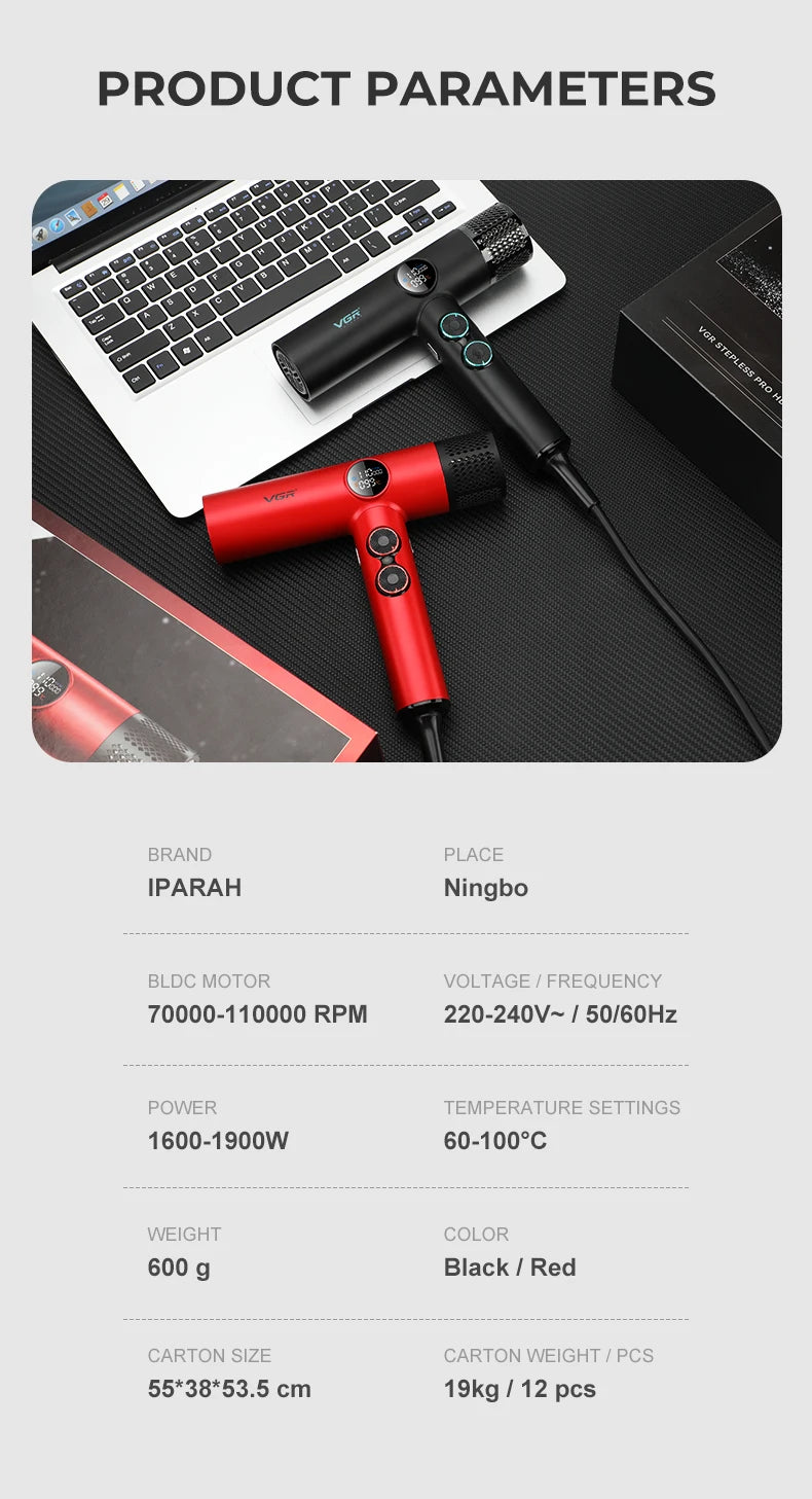 VGR V-401 professional leafless hair dryer in black and red with high-speed digital display and ergonomic handle.