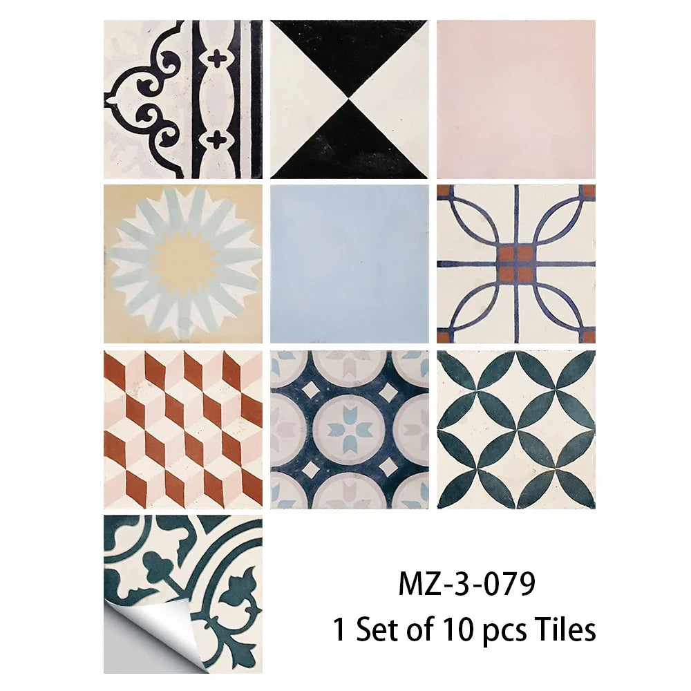 Thickened frosted tile floor stickers with multicolor geometric motifs, set of 10