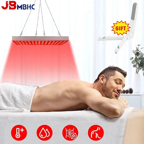 Red light therapy panel for wellness, featuring rectangular LED device hanging above a person for infrared light treatment.