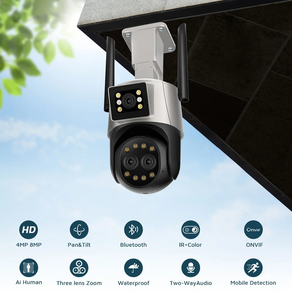 9MP 4.5K Three Lens WIfi  IP Camera Outdoor 8X Zoom Dual Screens AI Human Detect Auto Tracking  Home Security CCTV Surveillance