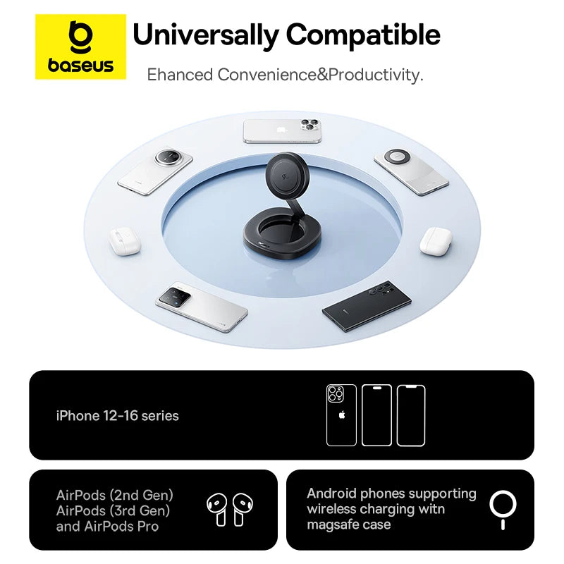 15W Magnetic Wireless Charger Stand, Foldable Qi2 for iPhone 16 Series Tidesmit