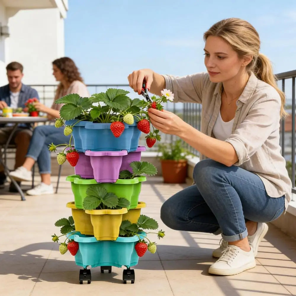 Stackable Vertical Planter 4/5-Tier with Wheels Weatherproof Plastic Flower Pot Garden Towers for Vegetable Strawberry Planter