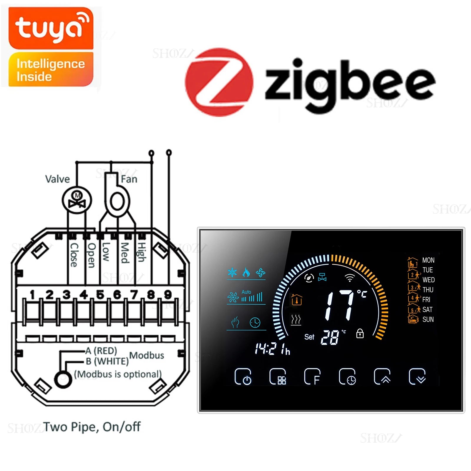 Wifi/RS485/Zigbee Thermostat Air Conditioning 3 Fan Coil Unit Home Cooling/Heating 2/4 Pipe Temperature Controller with Alexa