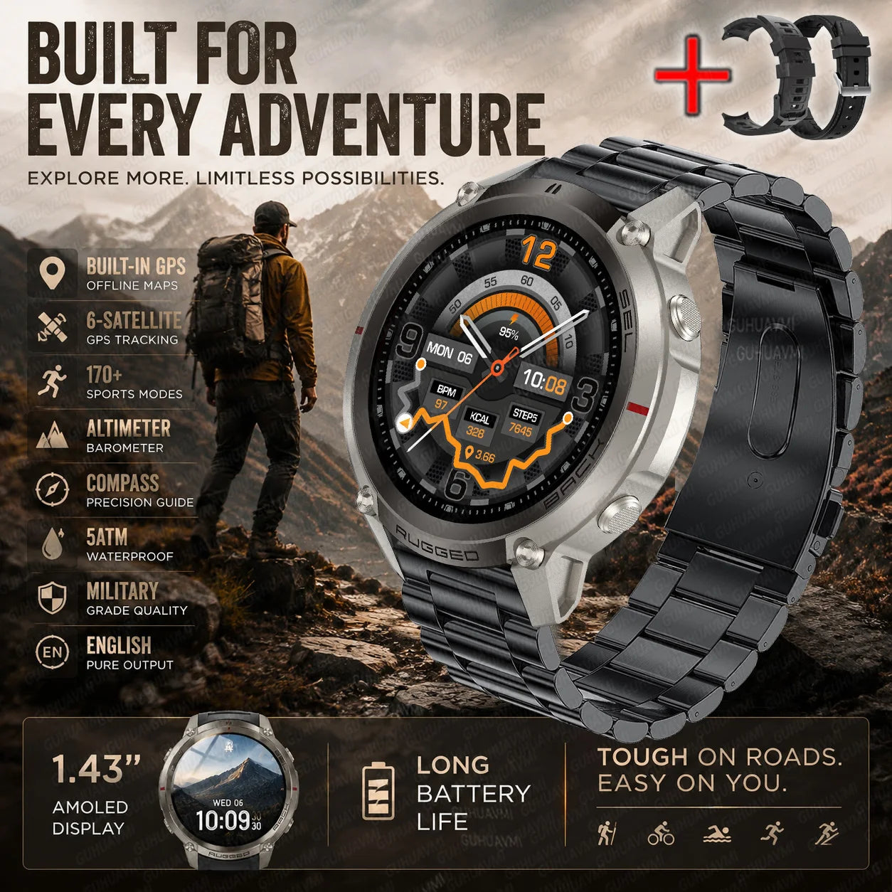 2026 New Hot Sports Smart Watch With GPS Offline Map 170+Sports Mode 5ATM Waterproof 1.43"AMOLED Fitness Tracker Watch For Men