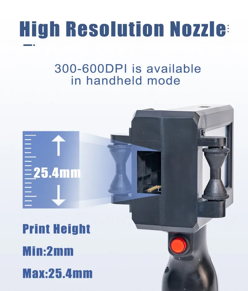 Handheld inkjet printer nozzle view with print height min 2mm max 25.4mm