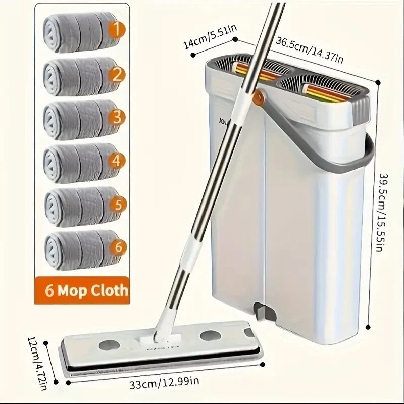 White bucket and flat mop with 6 gray microfiber cloths, 33cm head size